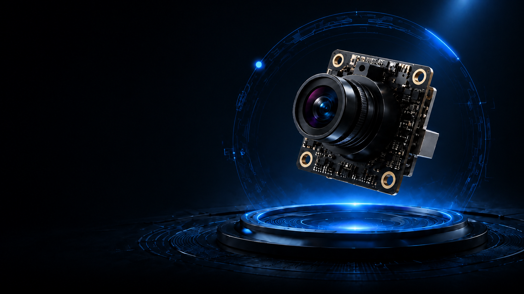 Camera module suspended above an illuminated presentation platform