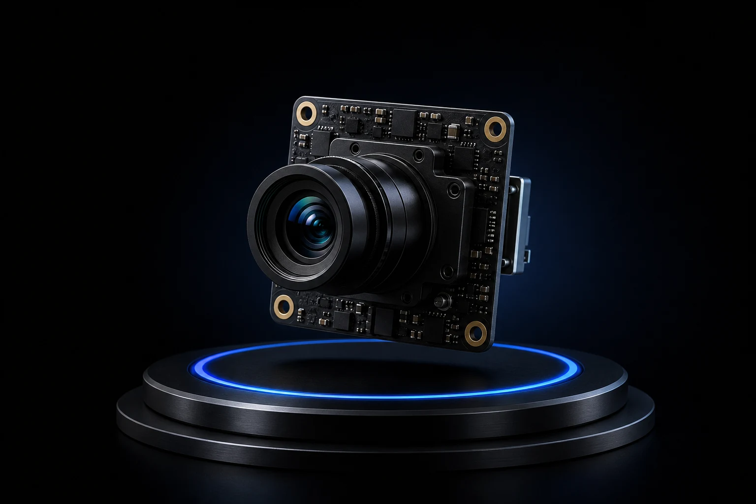 Concept USB camera displayed on a blue illuminated platform